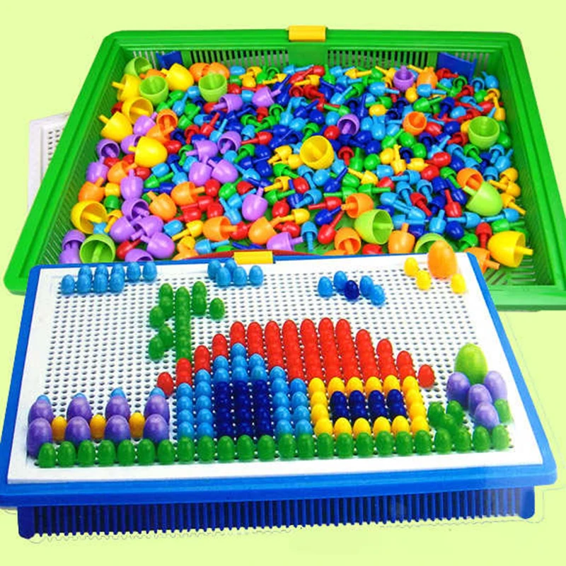 

296 Pieces/Set Box-packed Grain Mushroom Nail Beads Intelligent 3D Puzzle Games Jigsaw Board for Children Kids Educational Toys