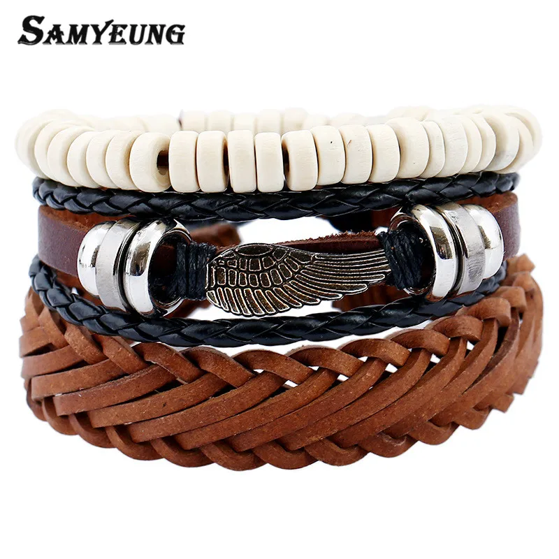 SamYeung 3 шт винтажный кожаный браслет с крыльями ангела мужской дружбы Homme Braslet Cow