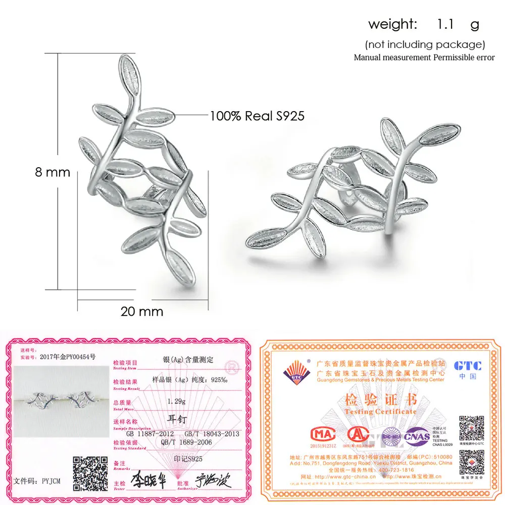 

LAMOON S925 100% Real Sterling Sliver Fine Jewelry Clip Earrings for Women New Arrival Olive Branch Leaf Design Brincos E-Y267