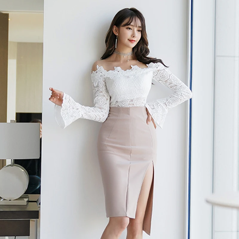 Элегантный женский комплект Цветочная Кружевная блуза с расклешенными рукавами