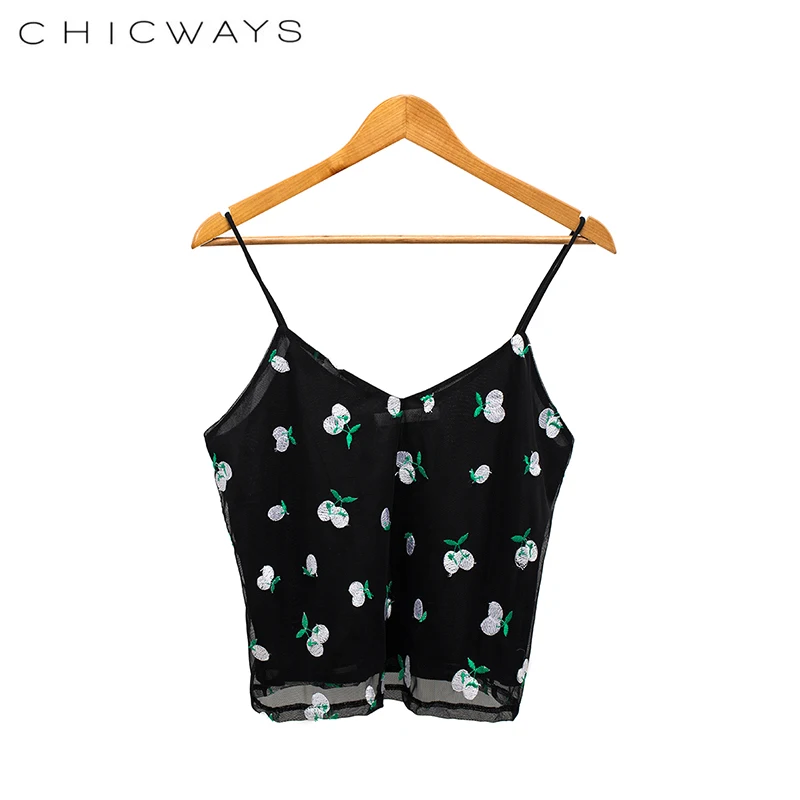 CHICWAYS Сексуальная спинки сетки майки Embroiderd цветочный вишни Спагетти ремень топы