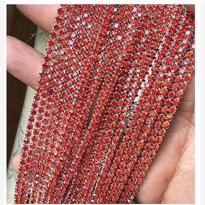 Orange red 1 ярд/шт, 30 цветов, стеклянные хрустальные стразы на цепочке, Серебряное дно, Пришивные цепочки для рукоделия, украшения сумок для одежды - Цвет: Orange red