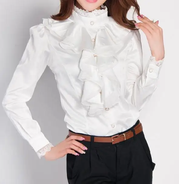 Женская атласная блузка с длинными рукавами кружевной воротник стойка буффами и