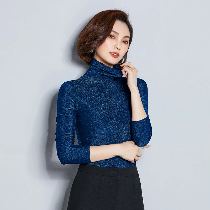 Яркие женские блузки с высоким воротником Новинка осени 2020 стрейчевая Женская