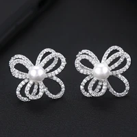 godki trendy luxury flower stud earring for women wedding imitation pearl cubic zircon cz dubai bridal earring bohemian hot 2018