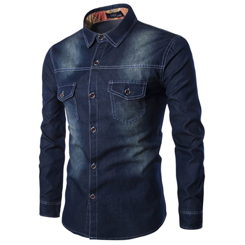 Новая мужская джинсовая рубашка 2017 Хлопок Slim Fit Брендовые повседневные джинсовые