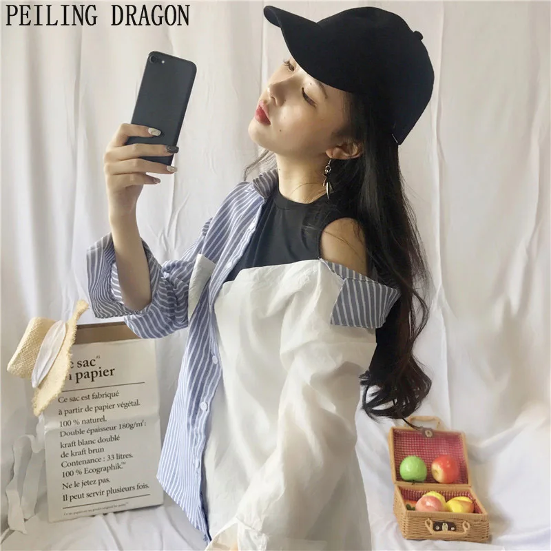 PEILING DRAGON Female Student Two-color Stitching Striped Strapless Shirt Long Sleeve All-match False Two Blouse T173 |