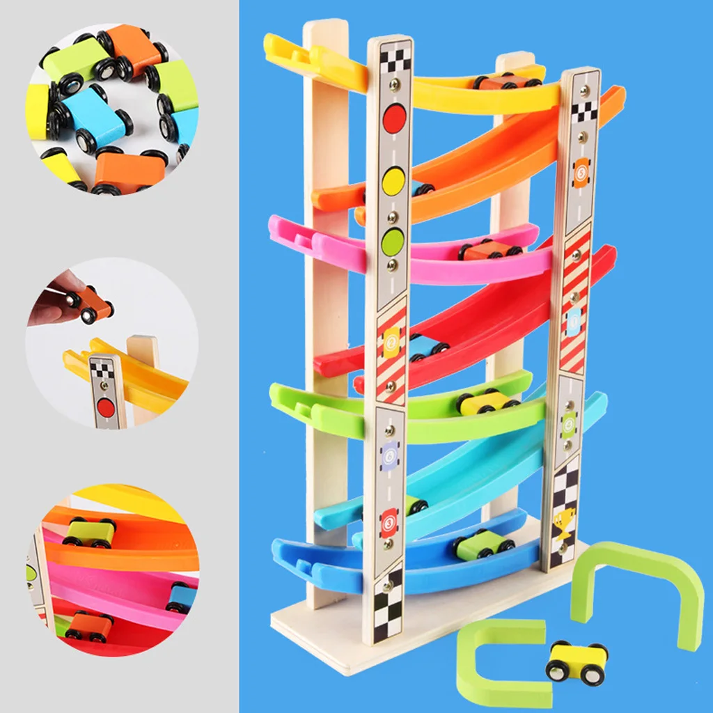 

Wooden 7-Layer Car Ramp Racer with 8 Mini Cars Vehicle Playset Sliding Toy Toddlers Kid Developmental Ramp Track Vehicle Game