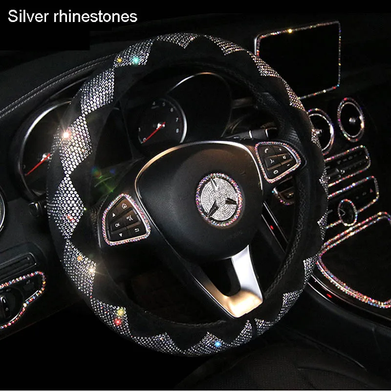 Silver Rhinestone Bling Красочные Стразы Чехлы рулевого колеса автомобиля Алмазный кристалл крышка колеса для женщин девочек автомобильные аксессуары для интерьера - Название цвета: Silver Rhinestone
