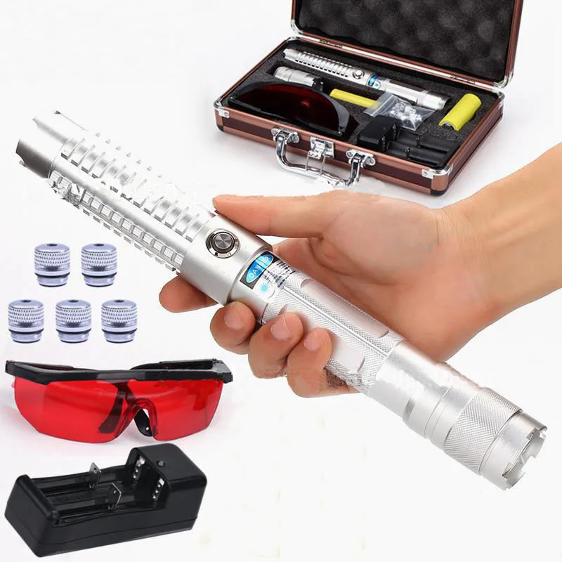2017 New Product High Powered Burning Focus Laser Pointer Blue pointer With Charger Glasses 5 Star Caps And Box |
