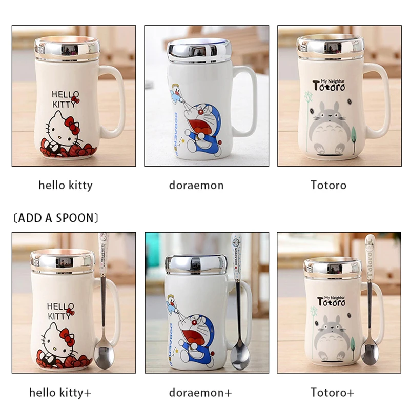 Керамические кофейные кружки Totoro 450 мл с зеркальной крышкой и ложкой милая чайная