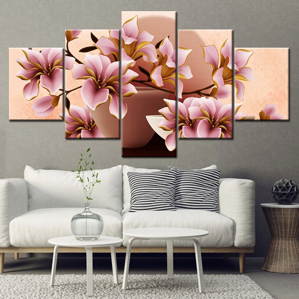 Картина на холсте HD розовая Магнолия цветы 5 шт. Настенная картина модульные обои