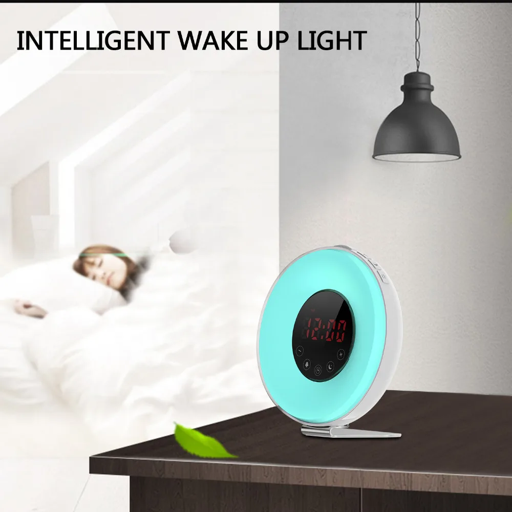 Светодиодный Digtial Восход моделирование Wake up Световой Будильник FM радио Повтор Smart