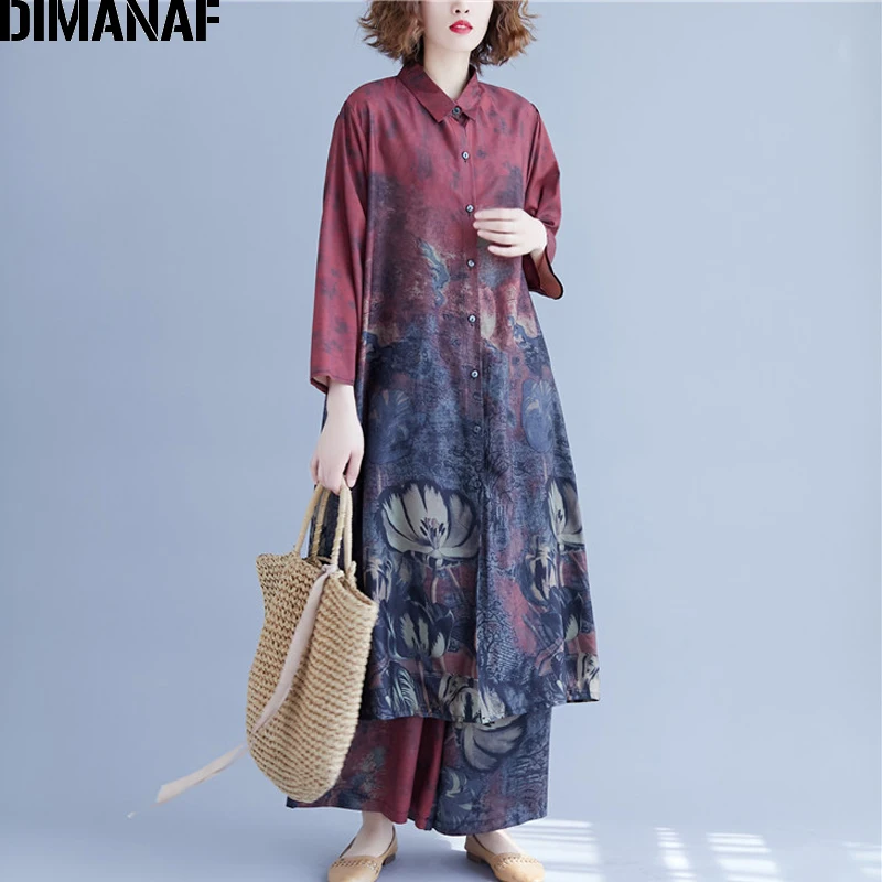 Женский винтажный комплект одежды DIMANAF свободная футболка с принтом и длинные