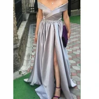 2022 new cheap split prom dresses off the shoulder zipper back sweep train simple formal evening party gowns