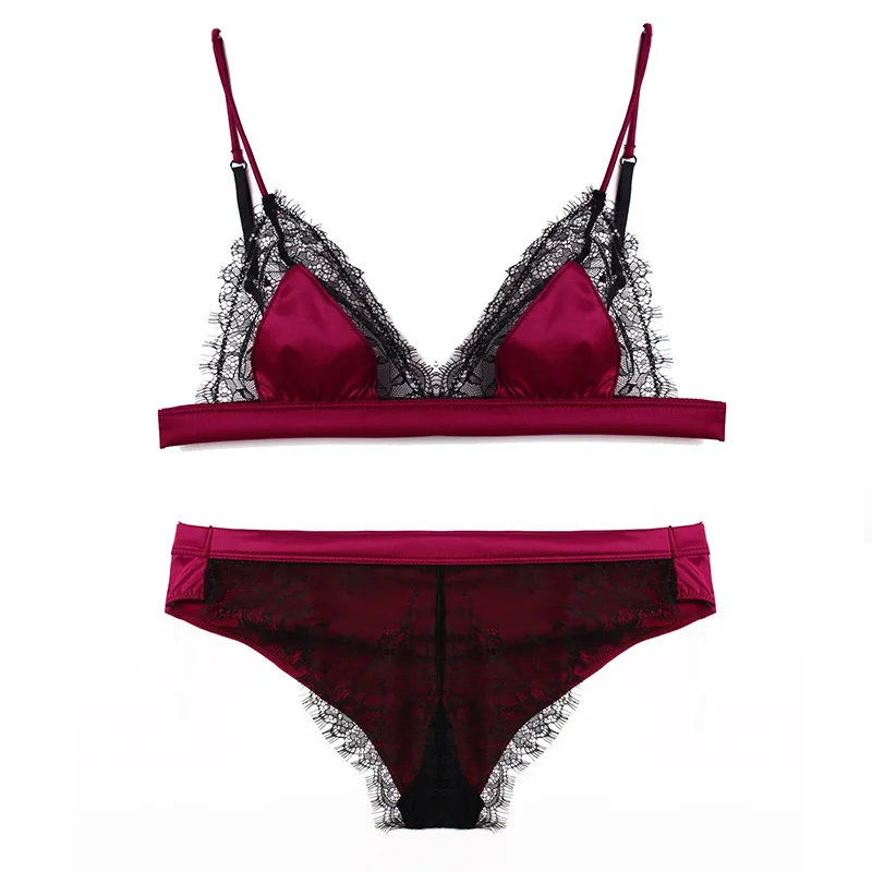 Сексуальный бюстгальтер и трусики Комплект оборками шелк Bralet кружевной белье