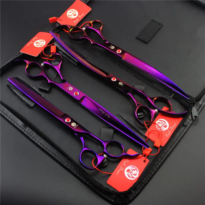 purple Фиолетовый дракон 8 дюймов набор инструментов для домашних животных уход за собакой ножницы набор прямой и amp изогнутый и amp филировочные ножницы животные волосы - Цвет: purple
