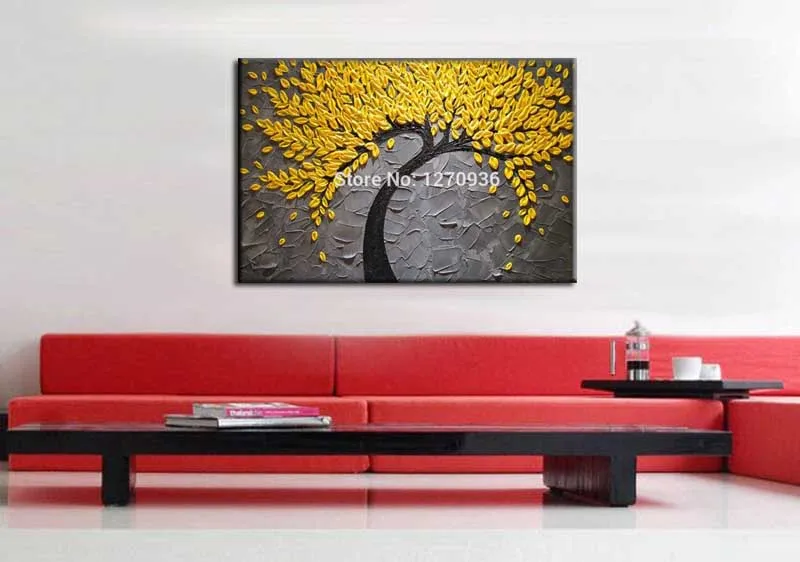 Популярный золотой пейзаж на удачу с золотым деревом ручная роспись ножом желтым