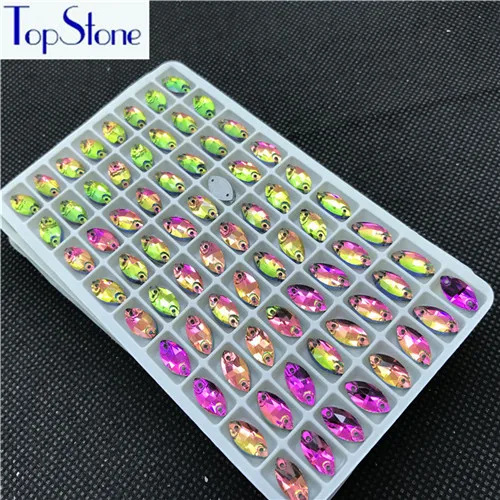 rainbow TopStone 6x12 мм 7x15 мм 9x18 мм Navette пришитые камни плоские стеклянные кристаллы 2 отверстия пришивные стразы в виде конского глаза для одежды - Цвет: rainbow