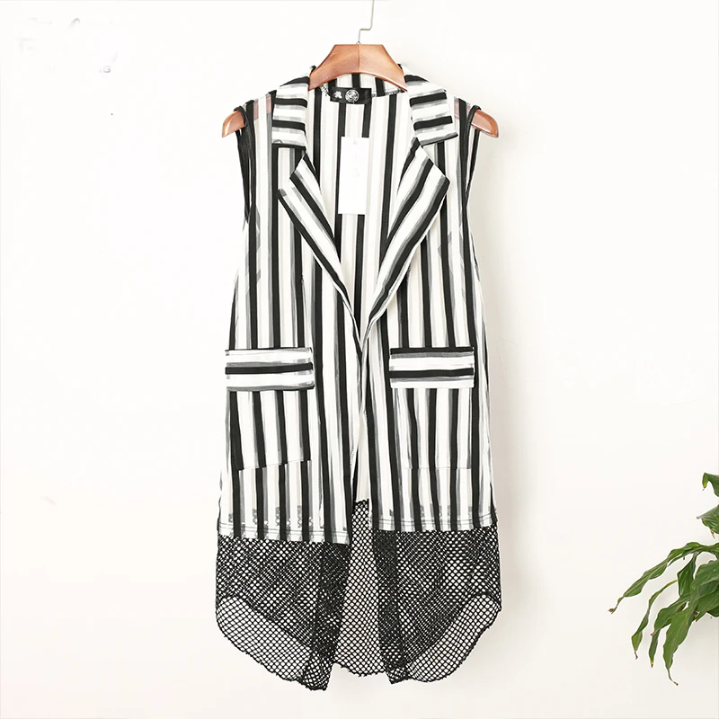 New Mens stripewistcoat long cardigan vest thin loose lapel cape trend hollow jacket personality shawl male Wrap Shawl Coat Tops | Мужская