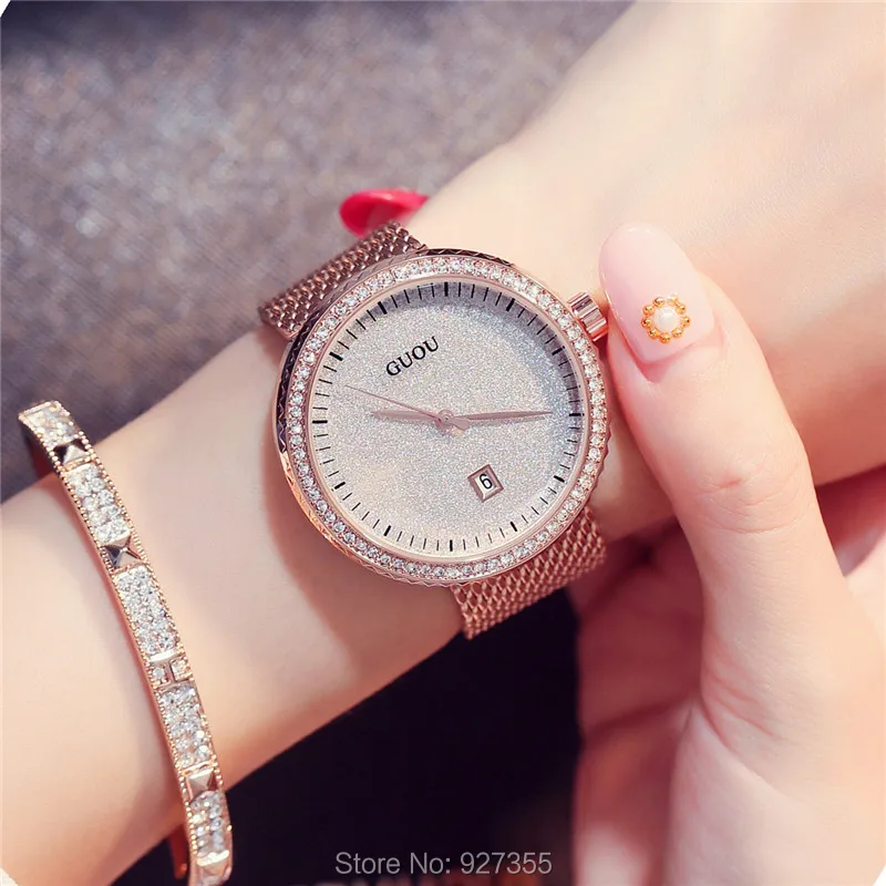 Женские Наручные Часы GUOU стильные часы под платье Небесно Голубой Кристалл