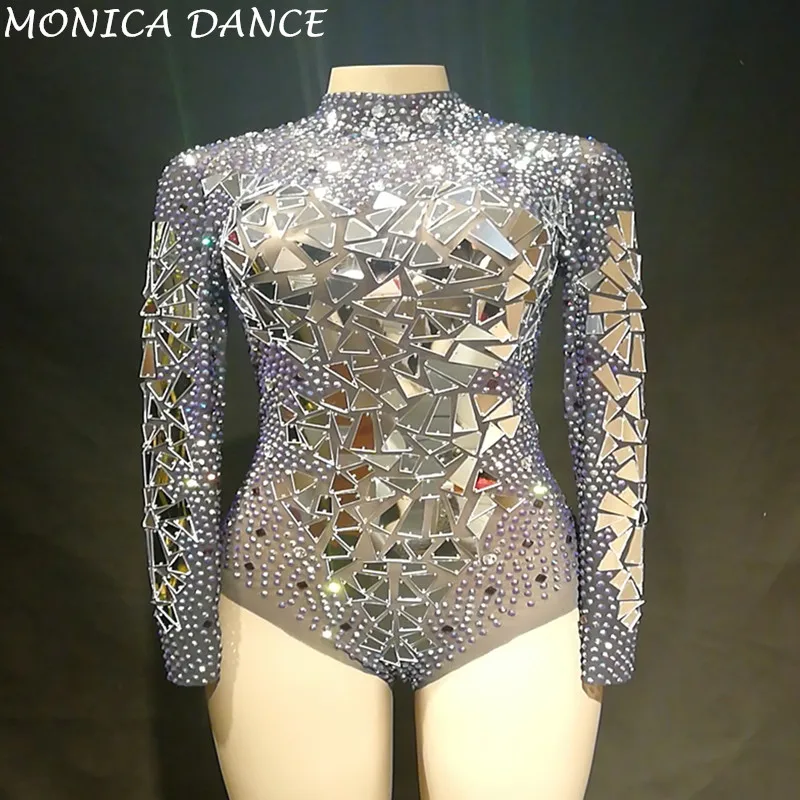 Women Sexy Transparent Net Yarn Costume Stage Dance Wear Mirrors Stones Mesh Bodysuit Leotard Dance Performance Bodysuit