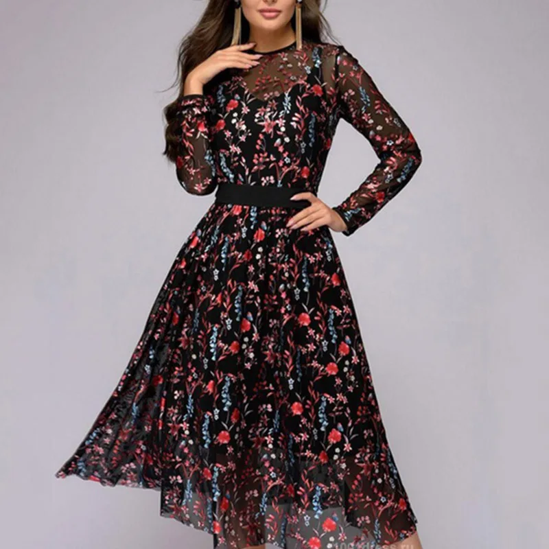 Bella Philosophy Sexy Women Floral Embroidery knee-length Dress print O-Neck belt dress See-through Black perspective | Женская одежда