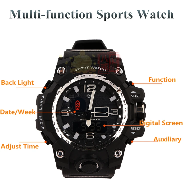 Брендовые мужские спортивные часы с двойным дисплеем Аналоговый Цифровой светодиодный электронные кварцевые наручные часы водонепроницаемые плавательные военные часы