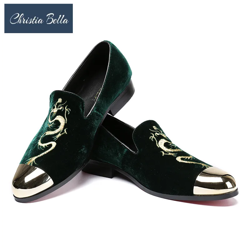 

Christia Bella Men Shoes with Dragon Embroidery New Metal Toe Men Green Velvet Smoking Slipper Male Prom and Banquet Loafers Men