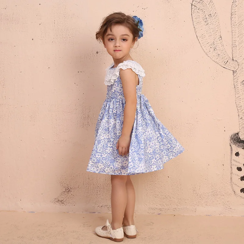 Cindy&ampNancy New Summer Girls Cute Pink Blue Floral Printed Lace O-neck Sleeveless 1-6yrs Cotton Woven Princess Casual Dresses | Детская