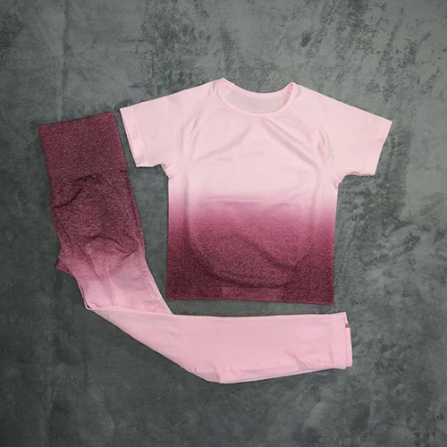 rose red set Женский спортивный костюм для йоги, Омбре, бесшовные леггинсы+ короткий рукав, короткий топ, 2 предмета, спортивная одежда, летний спортивный комплект, одежда для бега и тренировок - Цвет: rose red set