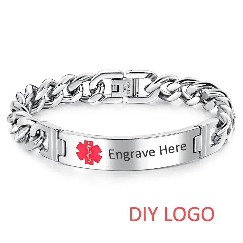 diy logo silver AZIZ BEKKAOUI гравировка имя медицинский оповещение браслеты медицинская идентификация ID браслеты из нержавеющей стали настроить ювелирные изделия - Окраска металла: diy logo silver
