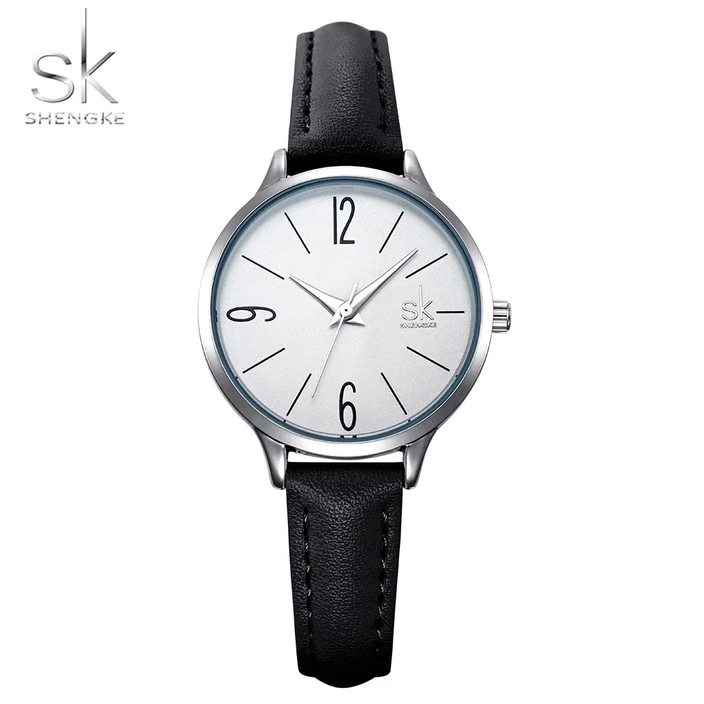 black Shengke модные часы для женщин повседневные кожаные кварцевые часы круглые наручные часы для женщин синий ремешок часы Relogio Feminino Reloj Mujer - Цвет: black