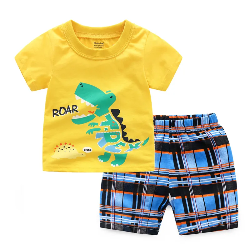 Jumping Summer Style Pyjamas Children's Clothing Sets Short-Sleeve Striped T-shirt+ Pants Baby Kids 100% Cotton suits |