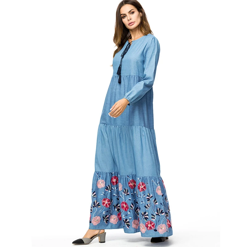 Бохо синие многоуровневые Воланы воланты вышивка на шнуровке Платье макси с