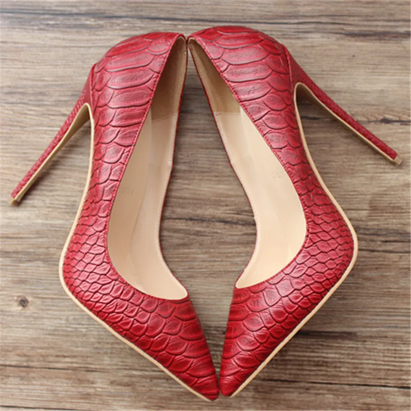 Red 12cm Heels Veowalk/красные женские пикантные туфли-лодочки на очень высоких каблуках с тиснением под крокодиловую кожу; женские туфли-лодочки на шпильках с острым носком в европейском стиле; свадебные туфли - Цвет: Red 12cm Heels