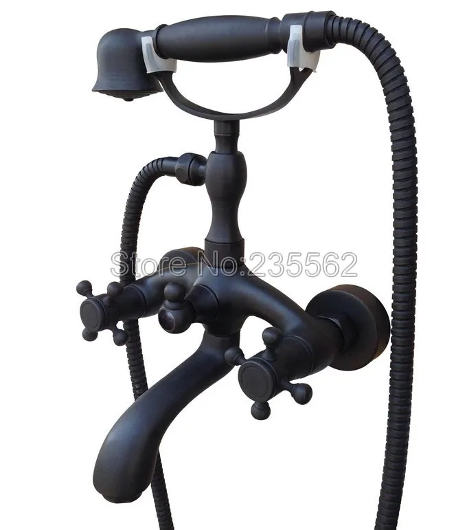 

Black Oil Rubbed Brass Bathroom Shower Taps Dual Handle Wall Mounted Clawfoot Bath Tub Faucet Set with Handheld Shower ltf704