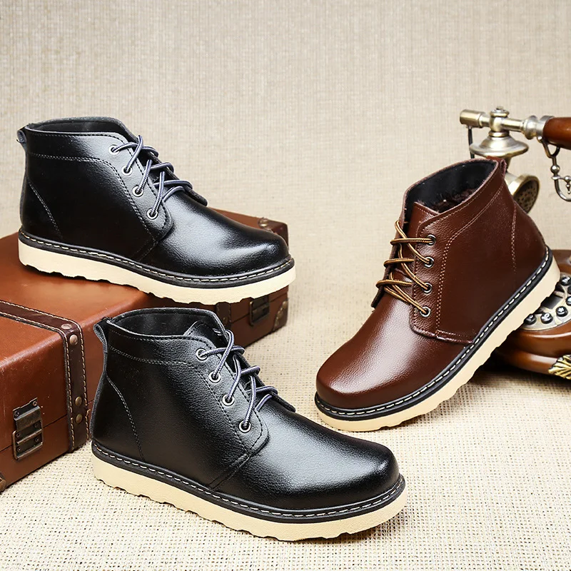 New High Top Shoes Men Tooling Boots with Fur Winter Warm Fleeces Lace-up Ankle Soft Wear Resistant Anti-skid Retro Solid | Обувь
