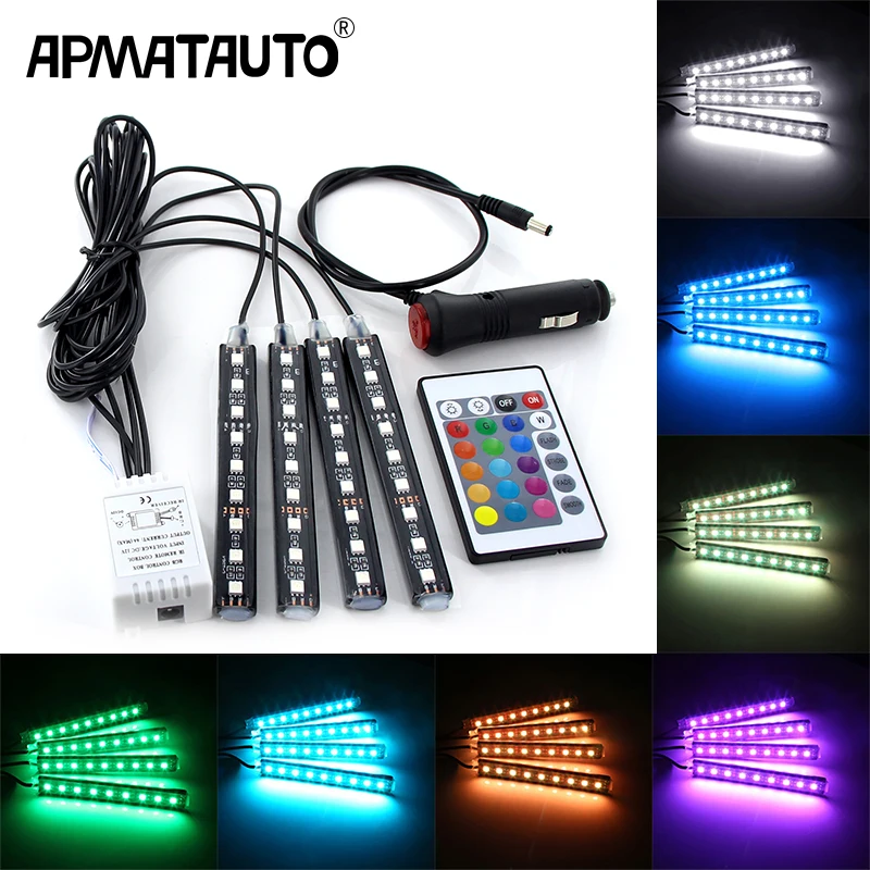 

Светодиодная лента RGB для тюнинга автомобиля, декоративные лампы для создания атмосферы в салоне автомобиля, 12 В, с пультом, 4 шт.