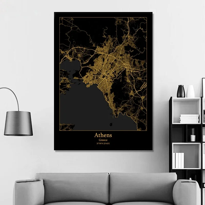 Astana Kazakhstan Asuncion Paraguay Athens Greece Modern City Gold Map Canvas Art Print Home Room Decor Poster | Дом и сад