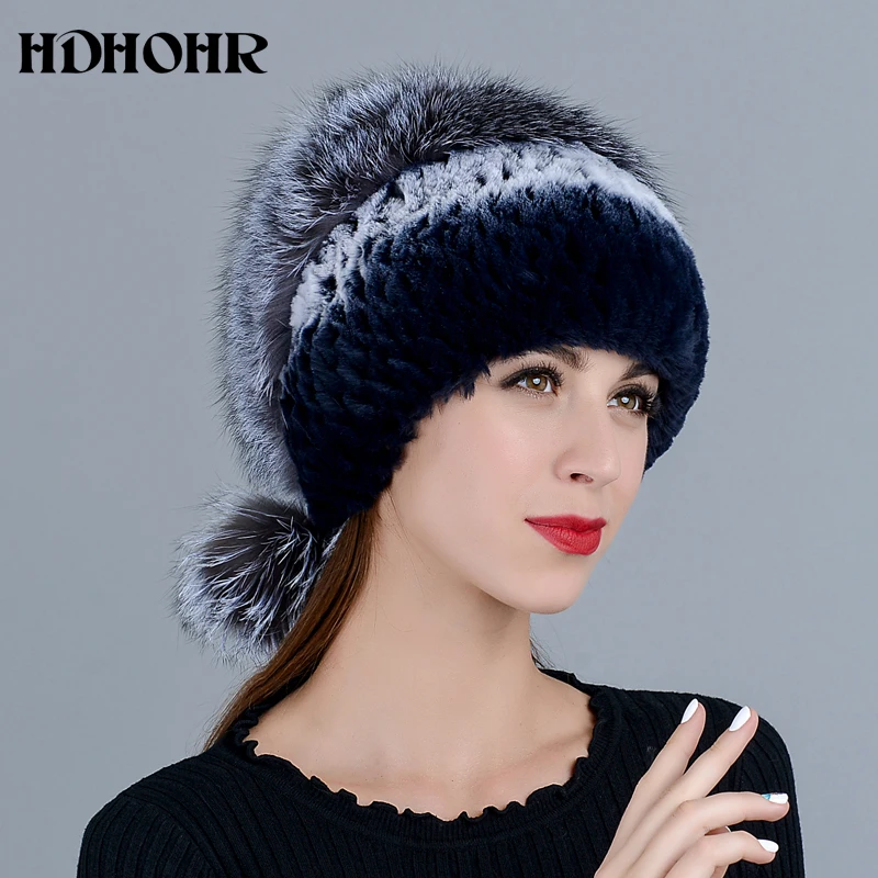 HDHOHR 2020 модная зимняя шапка из натурального меха женская кроличьего с вязаными