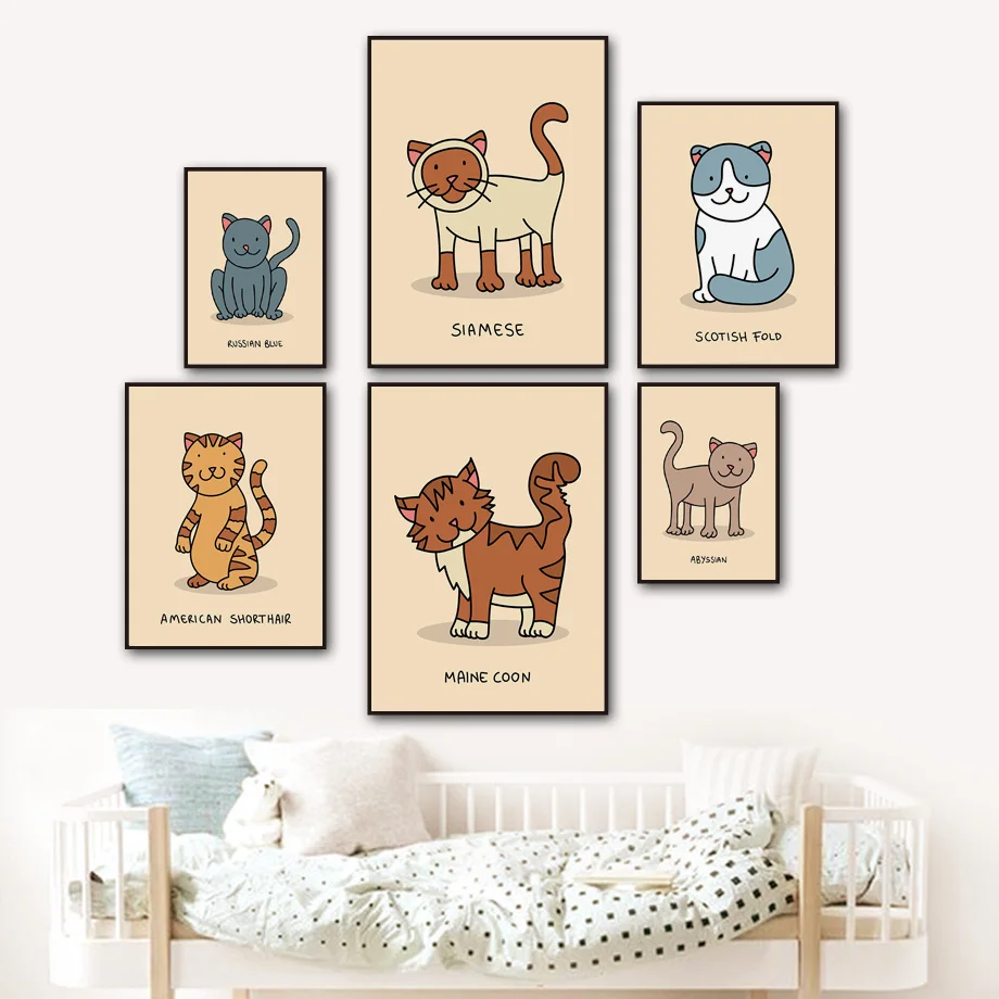Мультфильм забавный кот животное питомник Scandinia скандинавские постеры и принты