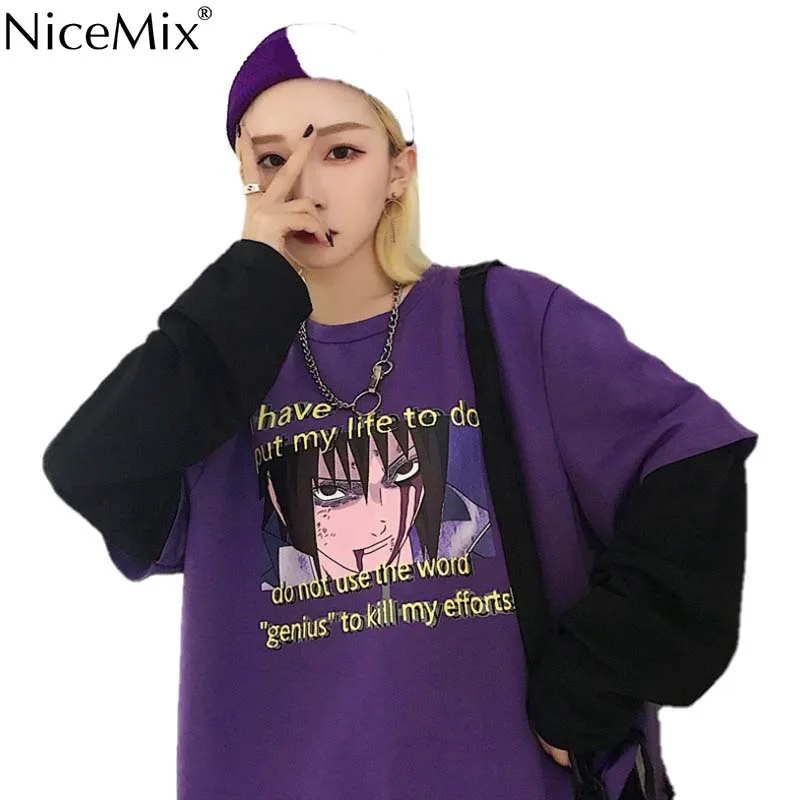 NiceMix Harajuku футболка Женская Лоскутная поддельная 2 шт. принт комиксы унисекс длинный рукав рубашка женская уличная одежда Pull Femme Джерси