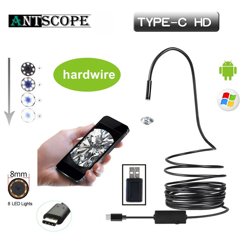 Antscope 8mm Lens Type C USB Endoscope 1/3/5/7/10M Hardwire snake pipe inspection Camera With 8 Adjustble LED broscope kamera 30 |