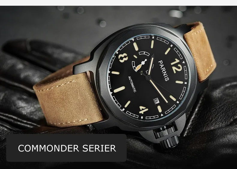 Parnis Commonder II Seriers светящийся мужской кожаный ремешок для часов модные автоматические механические часы наручные часы