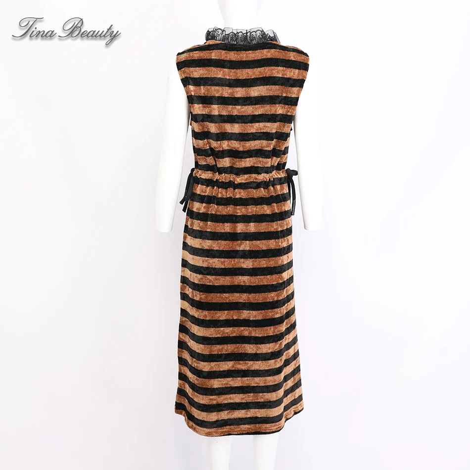 

Tina Beauty Lace Round Neck Sleeveless Diamonds Letter Waist Drawstring Fleece Dress Women Black Striped Streetwear Midi Dresses