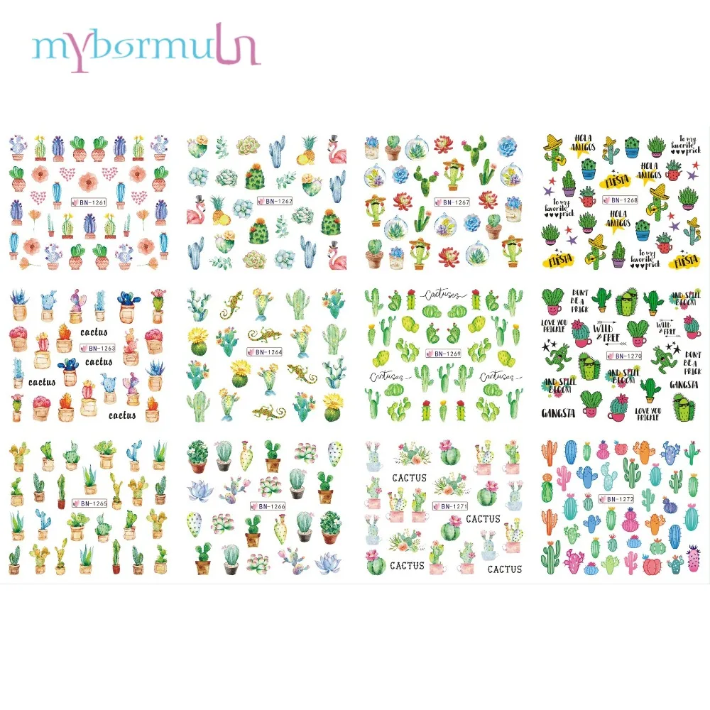 12 видов конструкций летний Нейл арт Стикеры С КАКТУСОМ и фламинго геккона с