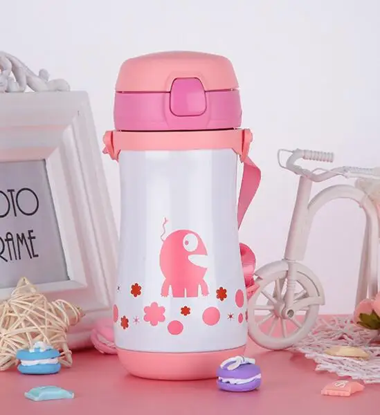 Pink 400 мл милые детские термокружки, вакуумная колба с силиконовой соломинкой из нержавеющей стали, Детские термокружки, термосы, чашка Caneca Termica - Цвет: Pink