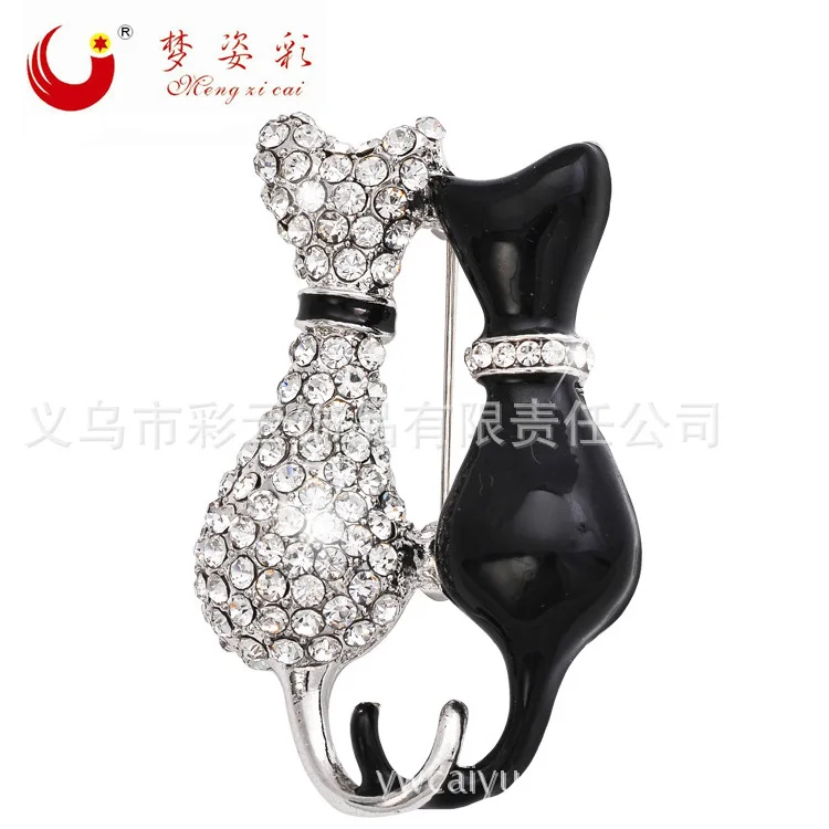 

MZC Wedding Full Crystal white and Black Cat Brooch Rhinestone Dacing Brooches for Womens Male Animal Broches Bulgaria Jewelry