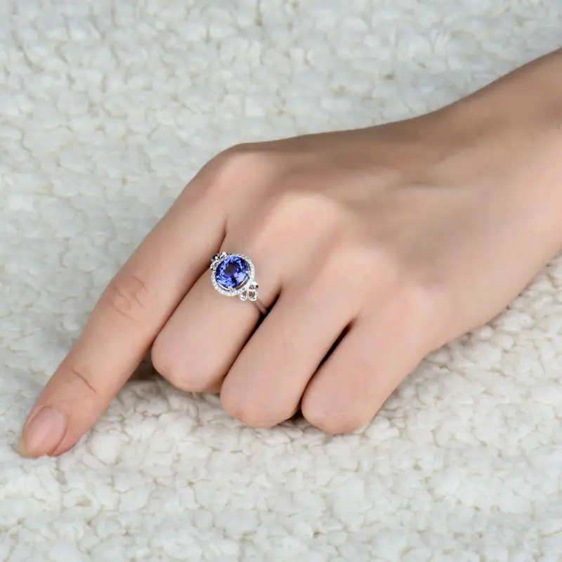LOVERJEWELRY обручение Овальный 7x8 мм натуральный алмаз танзанит кольцо 18kt Белое золото подлинный драгоценный камень ювелирные изделия для любимой жены подарок